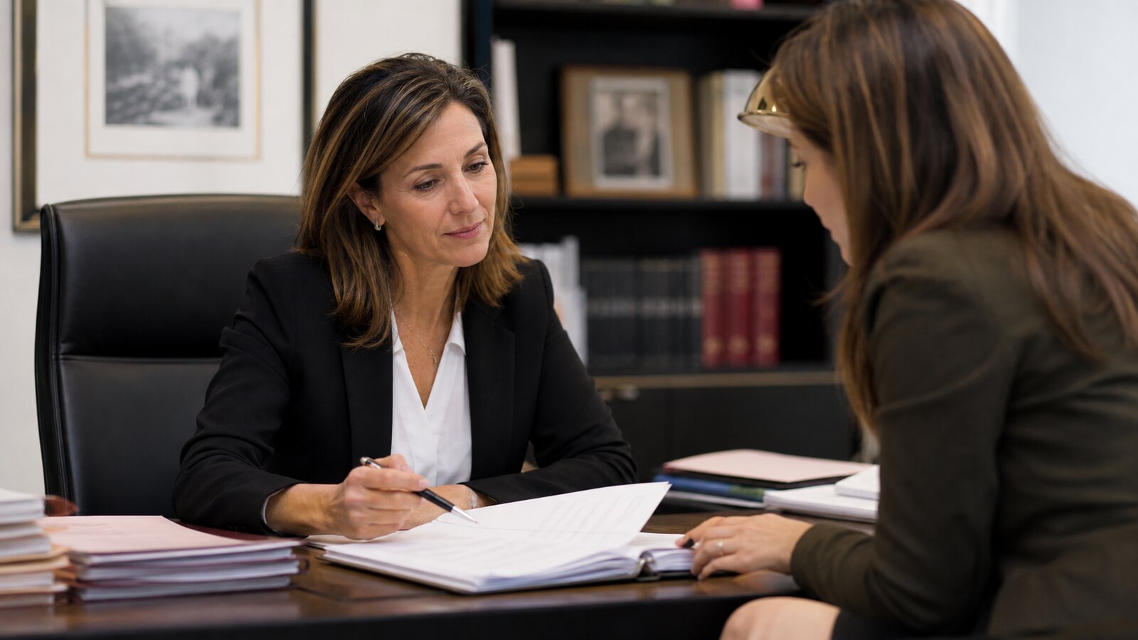 Avocate examinant des contrats de caution bancaire avec un dirigeant