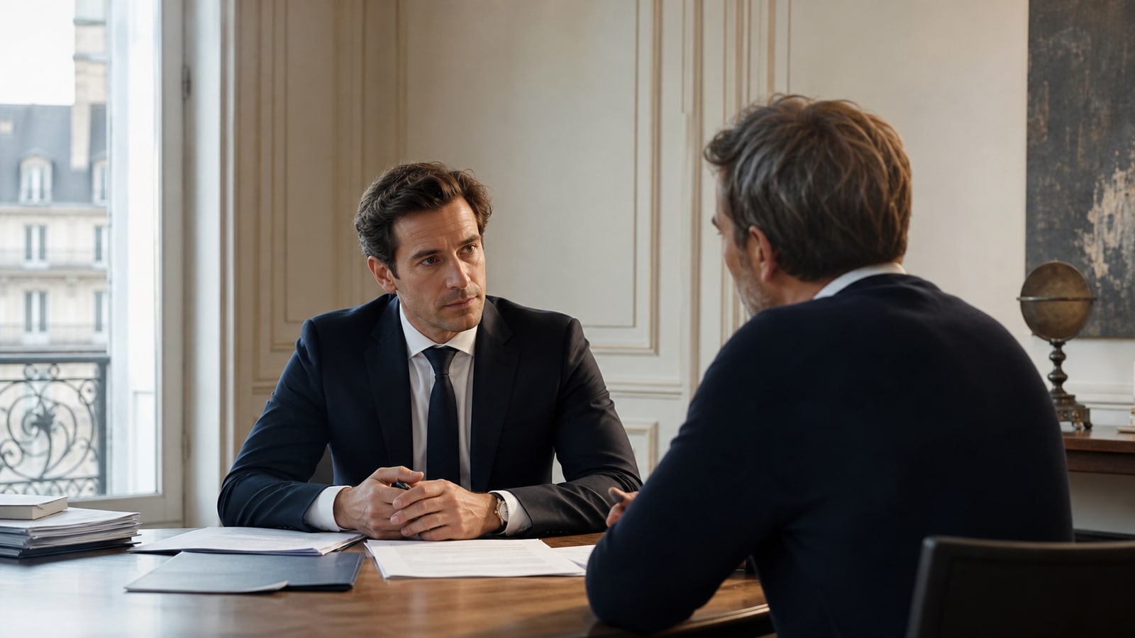 Avocat fiscaliste recevant un client dans un cabinet parisien