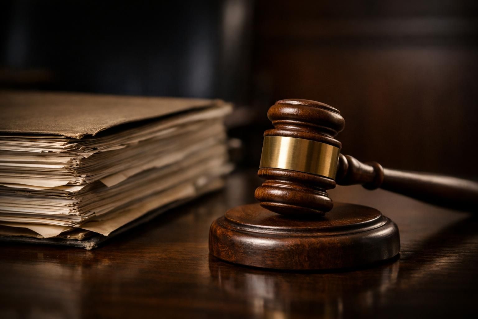 Dossier judiciaire et marteau de juge sur le bureau d'un tribunal correctionnel