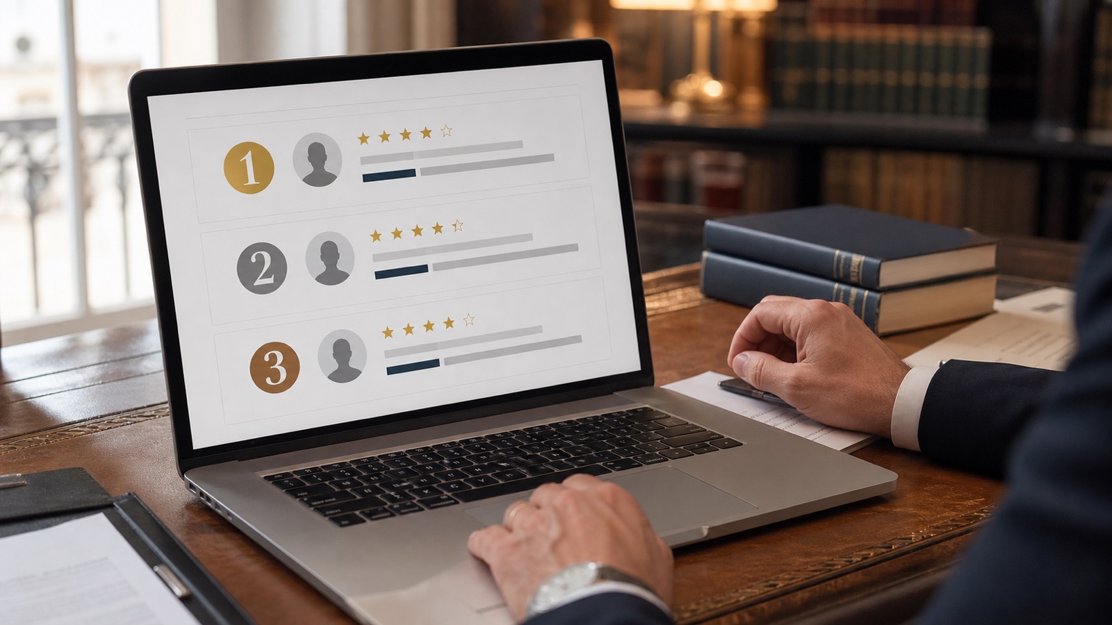 Ordinateur affichant une interface de classement professionnel dans un cabinet d'avocats parisien