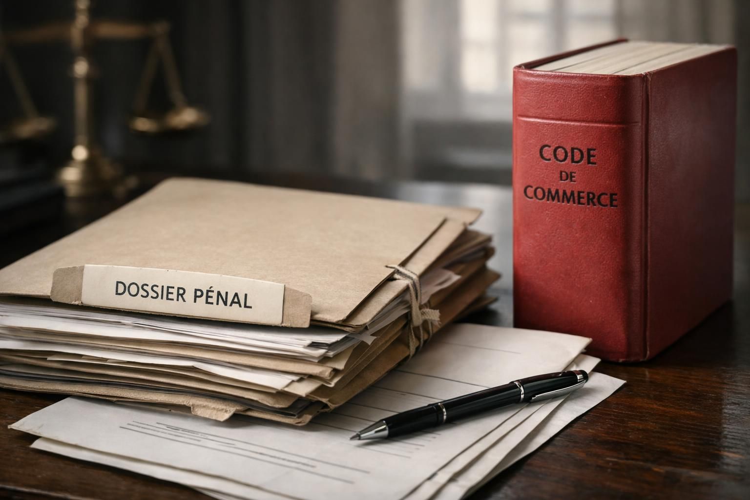 Dossier pénal et code de commerce sur le bureau d'un avocat