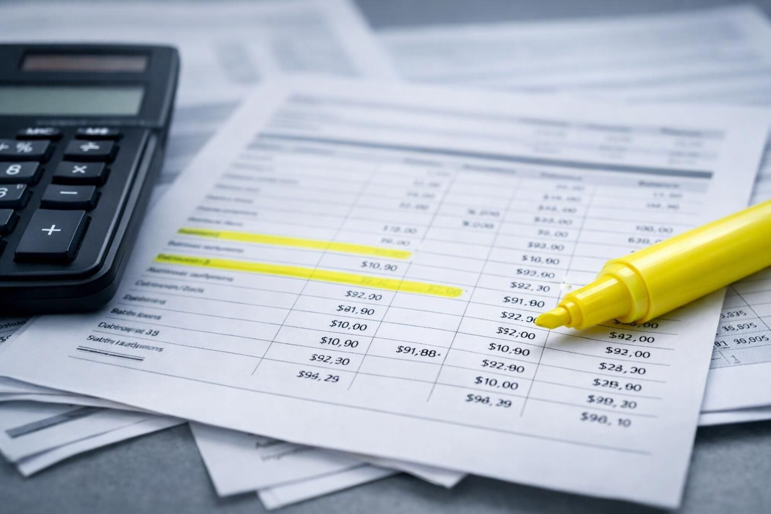 Relevés bancaires annotés avec une calculatrice lors de l'analyse d'un contrôle fiscal