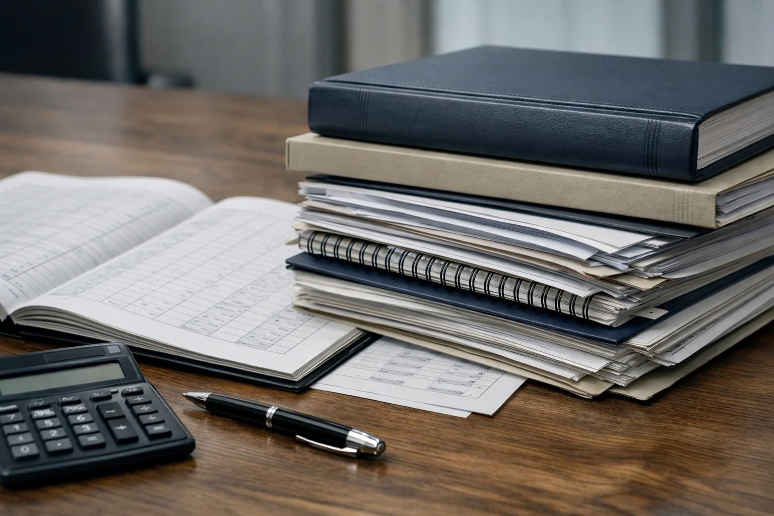 Registres comptables et documents d'entreprise posés sur une table de réunion