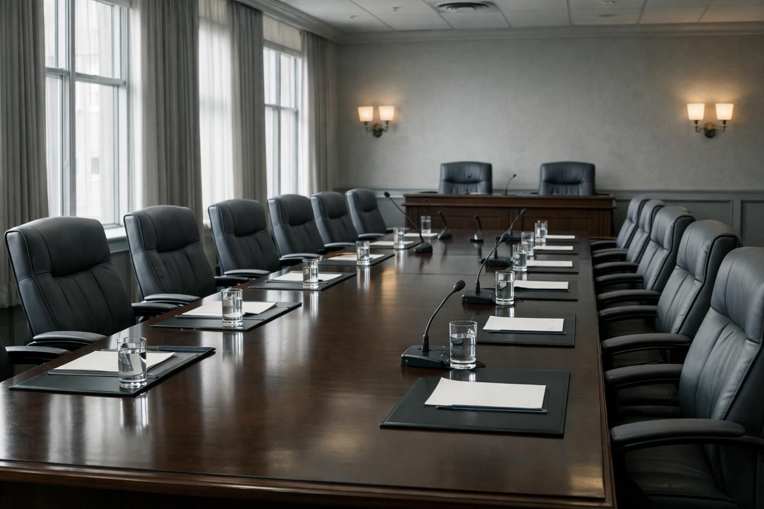 Salle de commission collégiale vide avec une longue table entourée de chaises