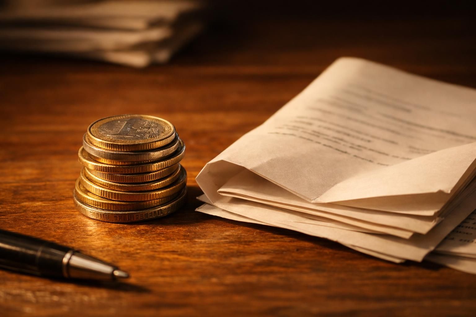 Pièces en euros posées près d'un document officiel évoquant la créance fiscale à recouvrer