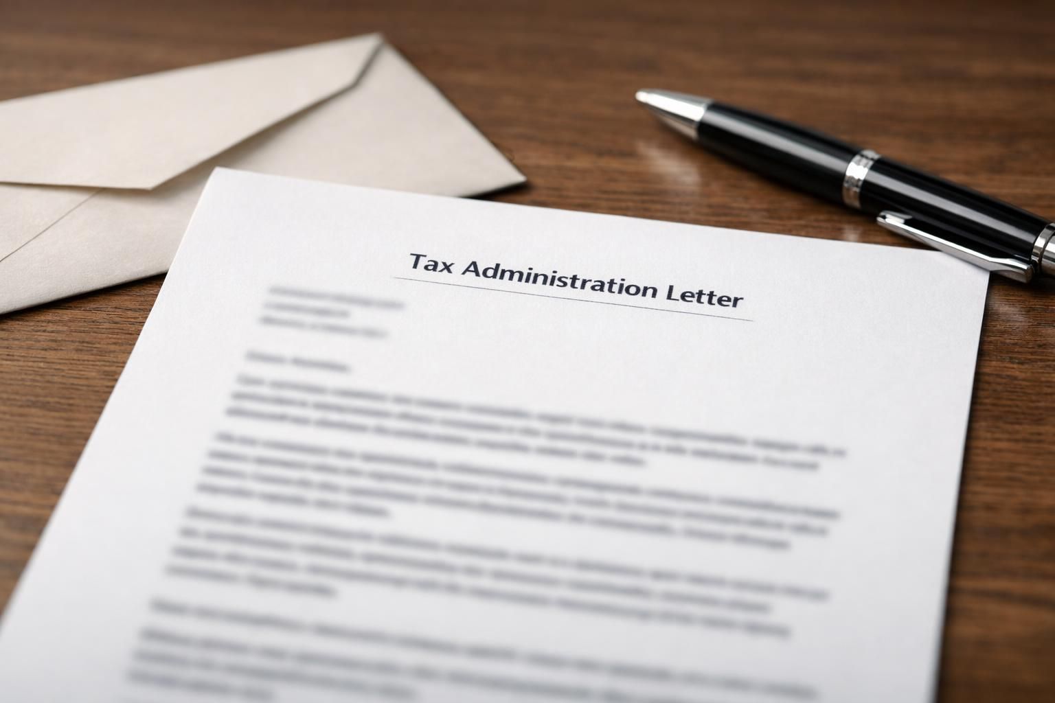 Lettre officielle de l'administration fiscale posée sur une table avec une enveloppe
