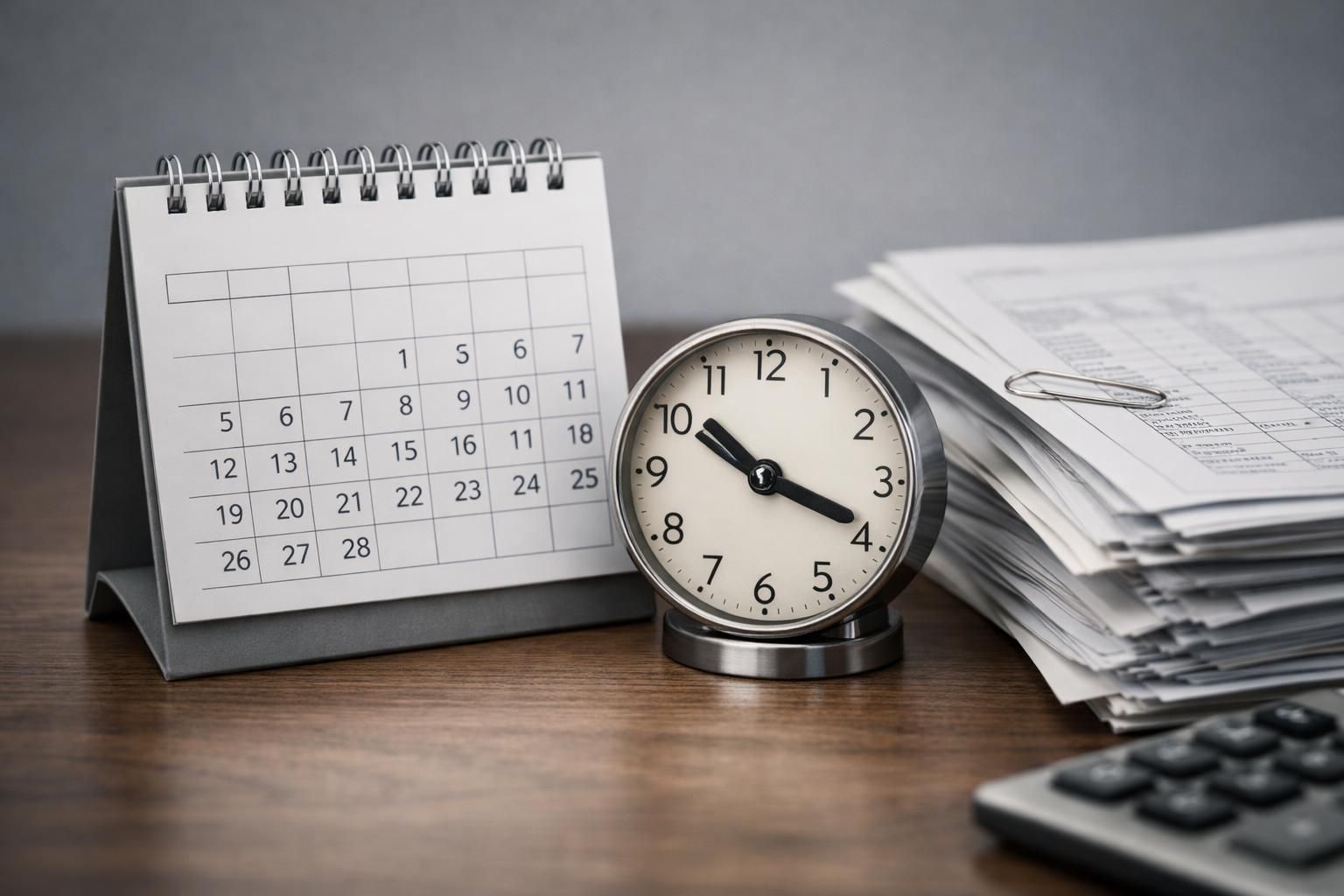 Gros plan sur un calendrier et une horloge à côté de documents comptables