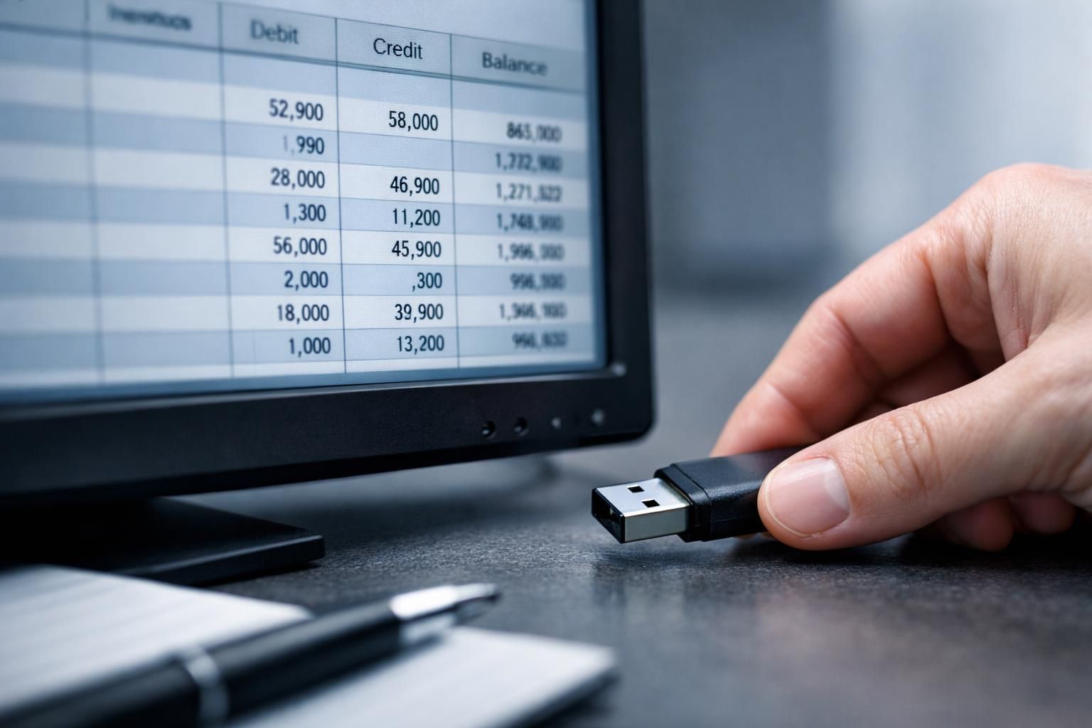 Écran affichant un fichier des écritures comptables et une clé USB sur un bureau
