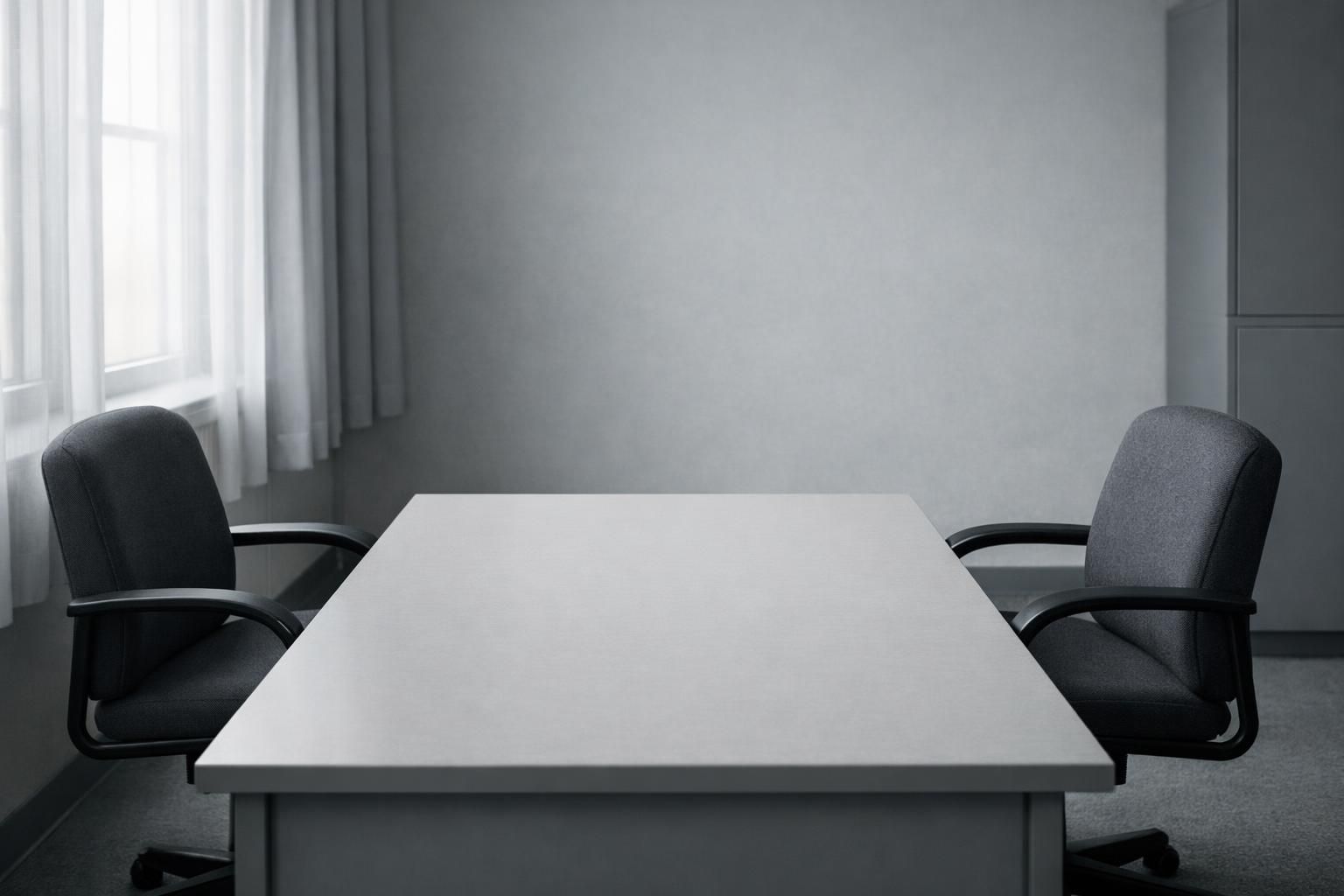 Salle de réunion administrative vide avec deux chaises face à face pour un entretien