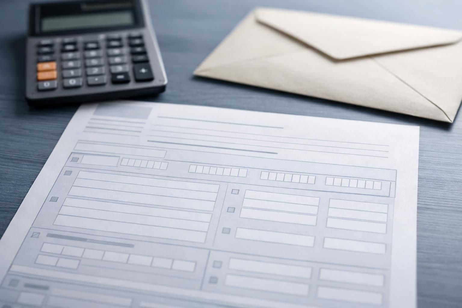 Formulaire de déclaration fiscale vierge à côté d'une calculatrice et d'une enveloppe