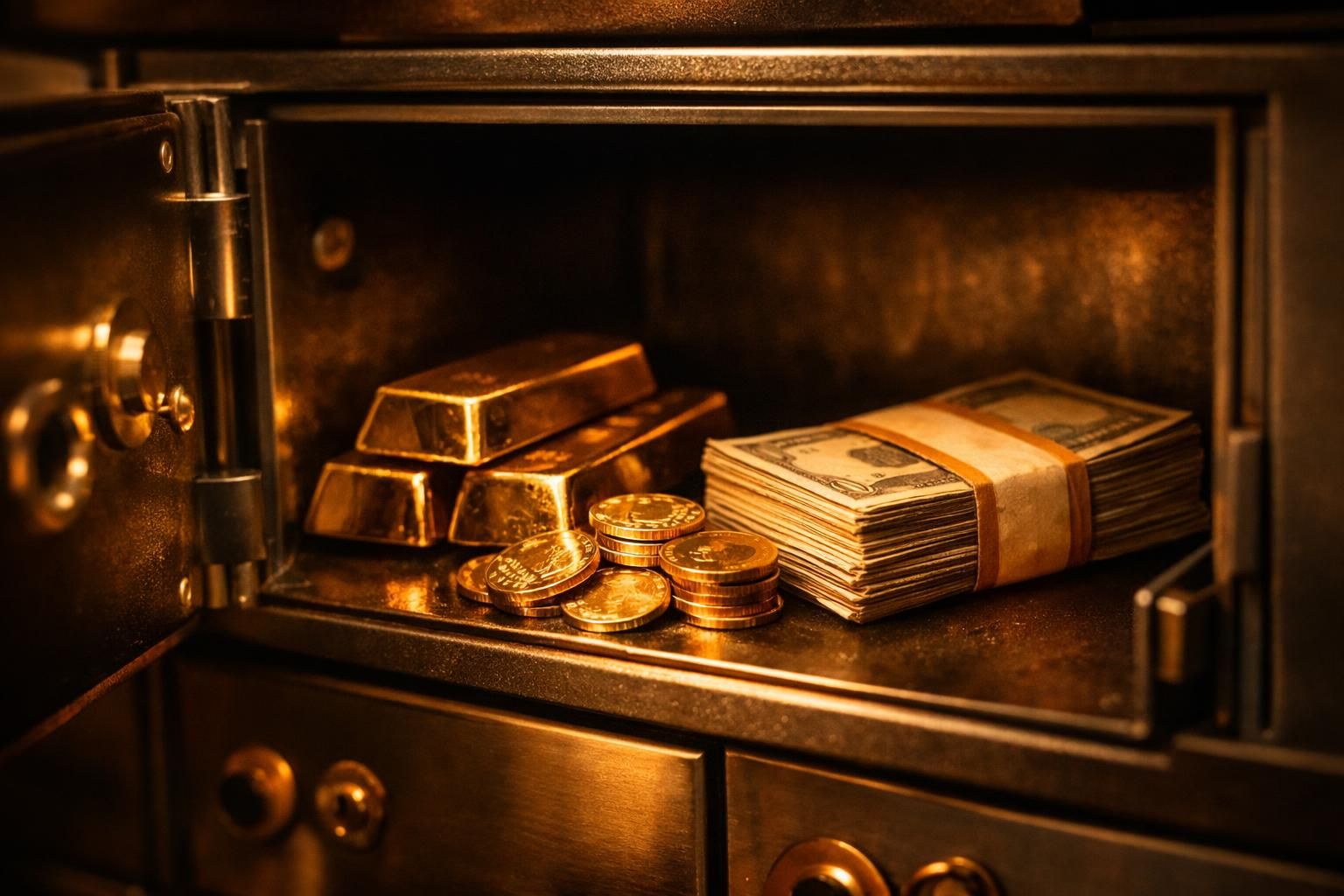Coffre-fort ouvert laissant apparaître des lingots d'or et des liasses de billets, lumière chaude