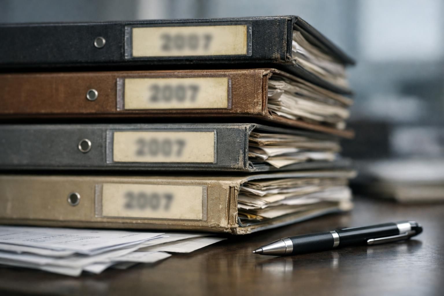 Dossiers d'archives comptables datés empilés sur un bureau