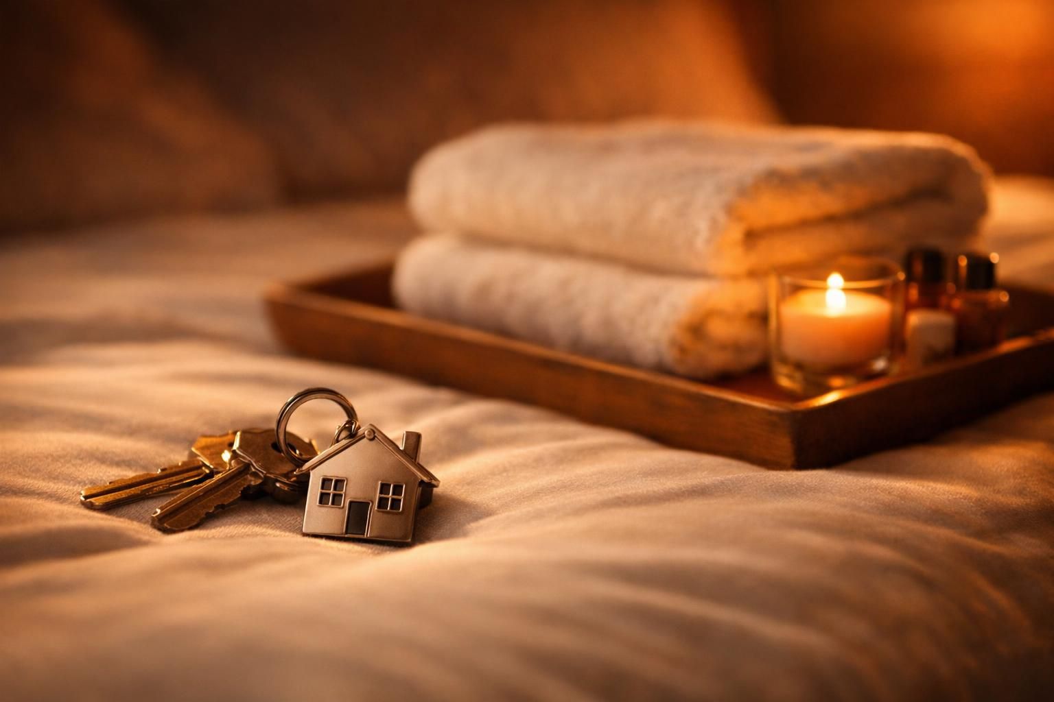 Trousseau de clés avec porte-clés maison sur un lit d'un logement meublé, plateau de bienvenue