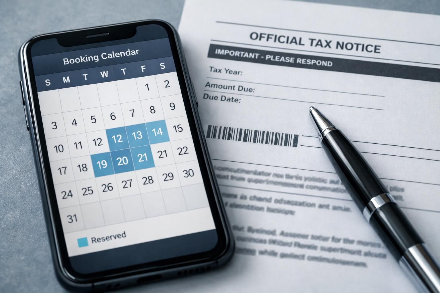 Smartphone affichant un calendrier de réservations de location à côté d'un avis d'imposition