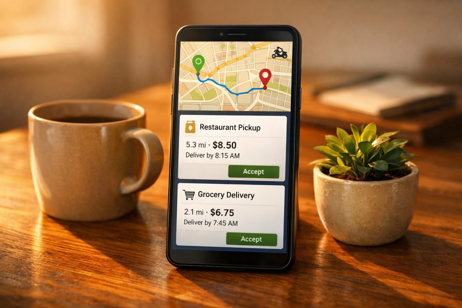 Smartphone affichant une application de plateforme de services posé sur un bureau d'indépendant, lumière chaude