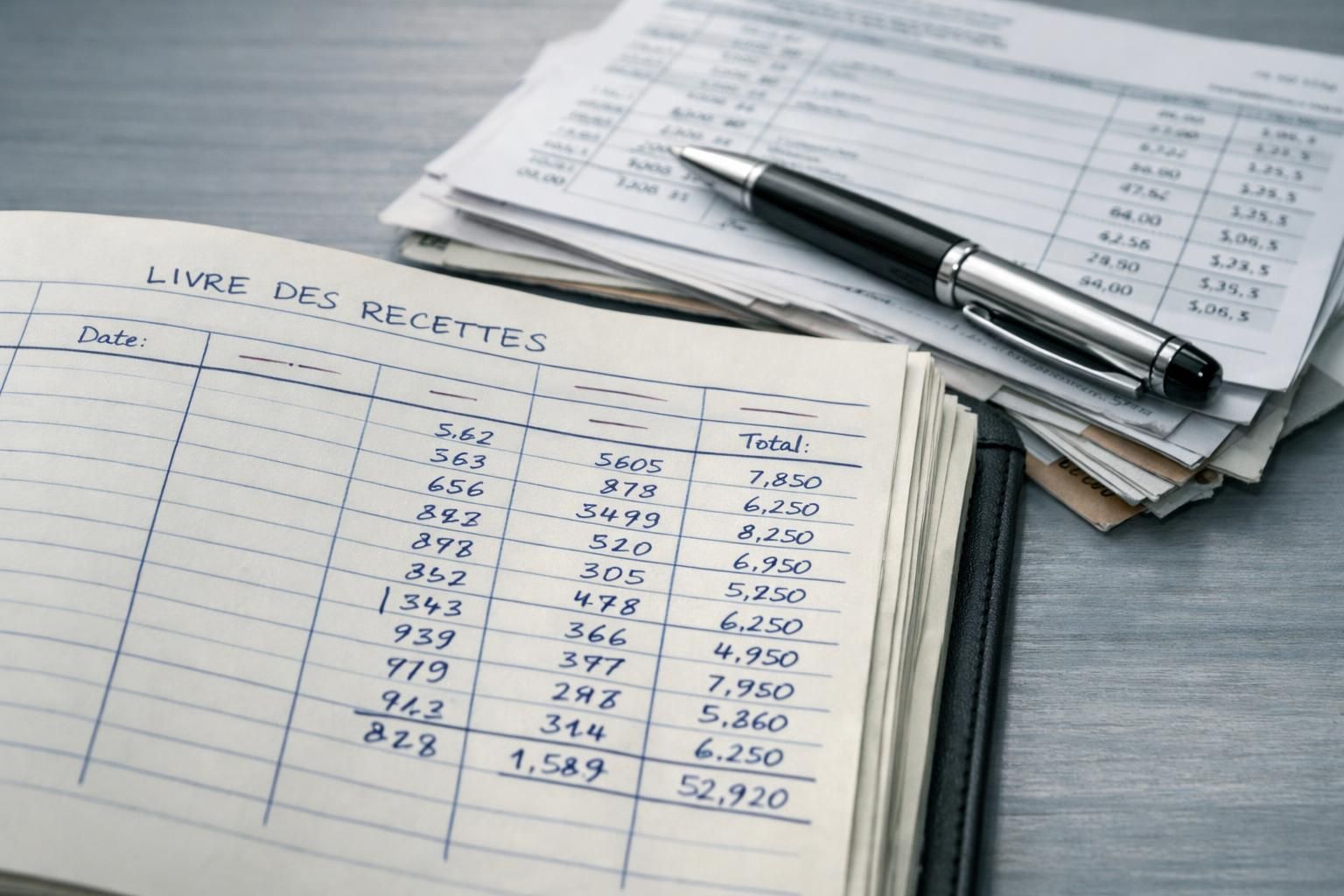 Livre des recettes, factures et relevés bancaires d'un auto-entrepreneur sur un bureau