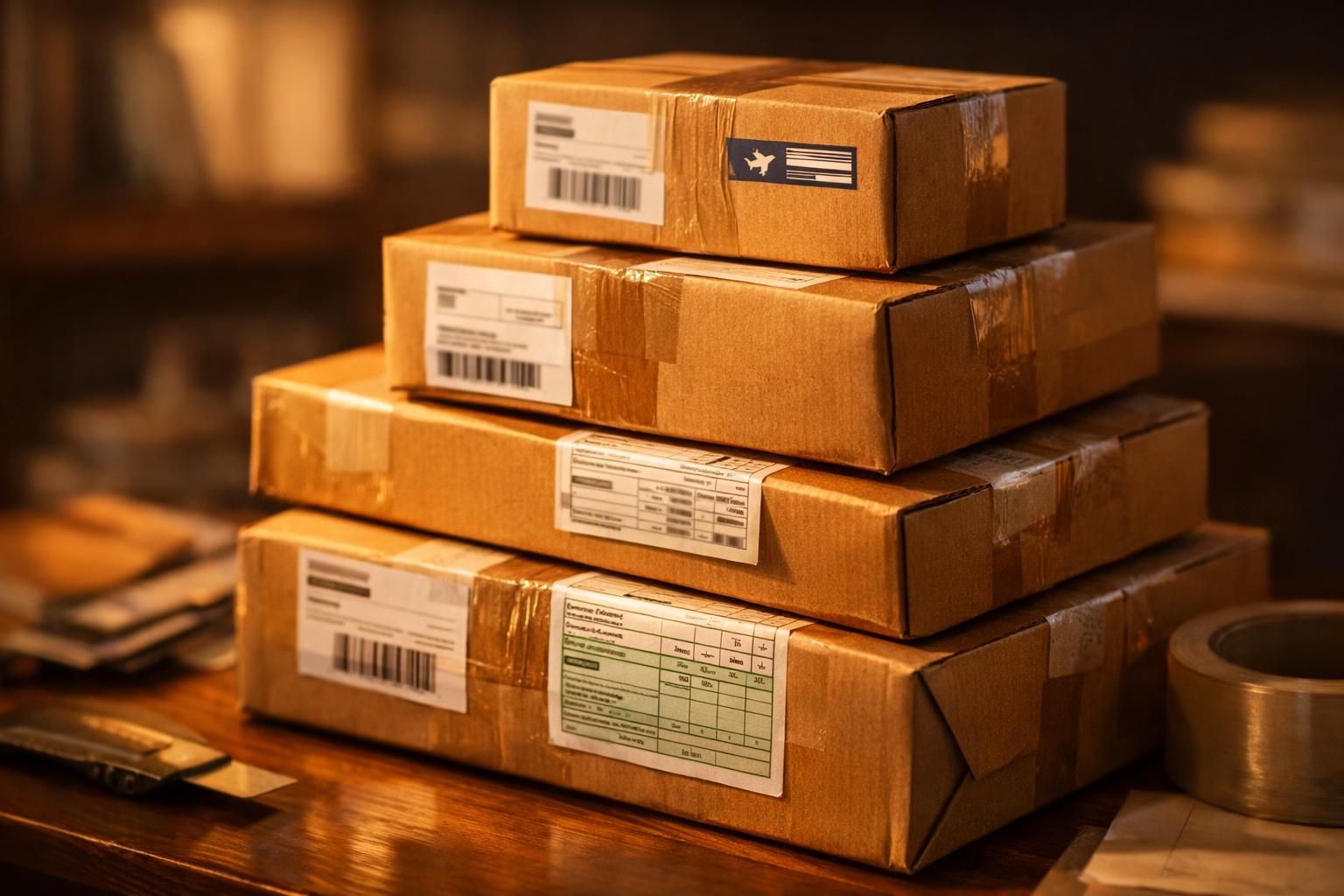 Pile de colis d'expédition avec étiquettes internationales sur un bureau