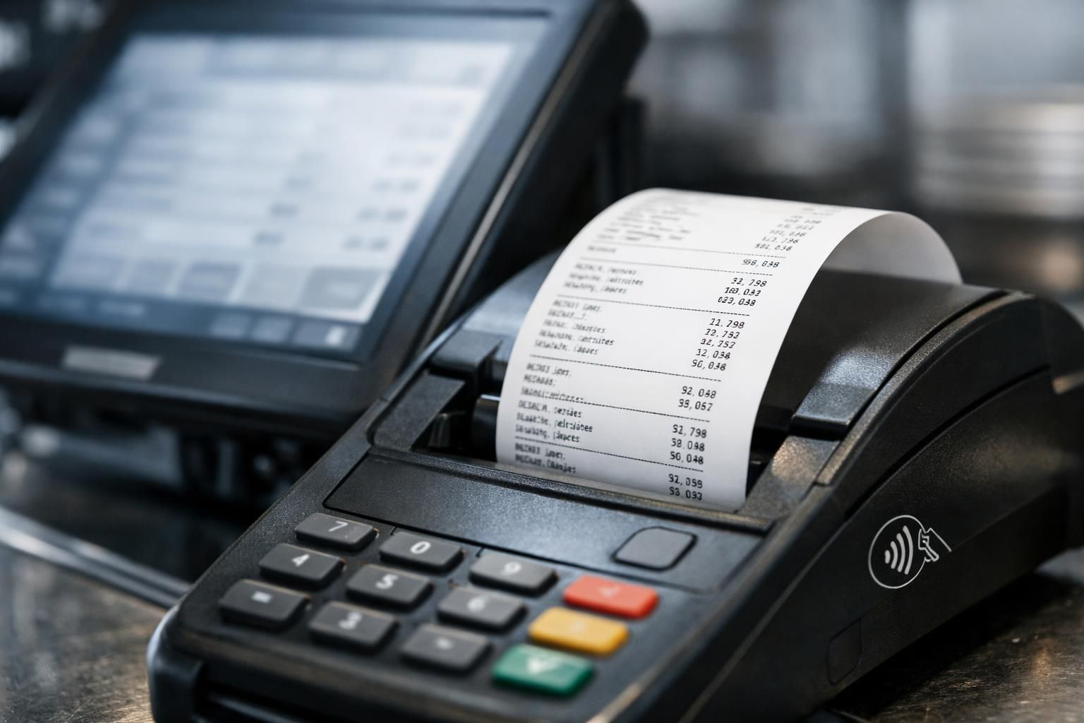 Terminal de caisse enregistreuse et ticket sur le comptoir d'un restaurant