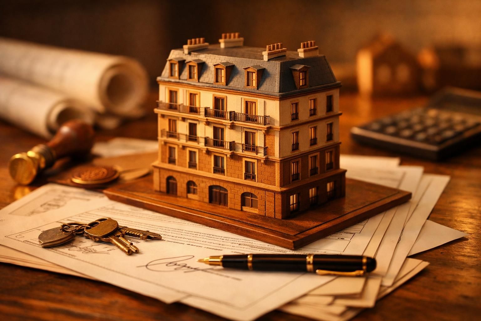 Maquette en bois d'un immeuble posée sur des documents fonciers, évoquant la SCI immobilière