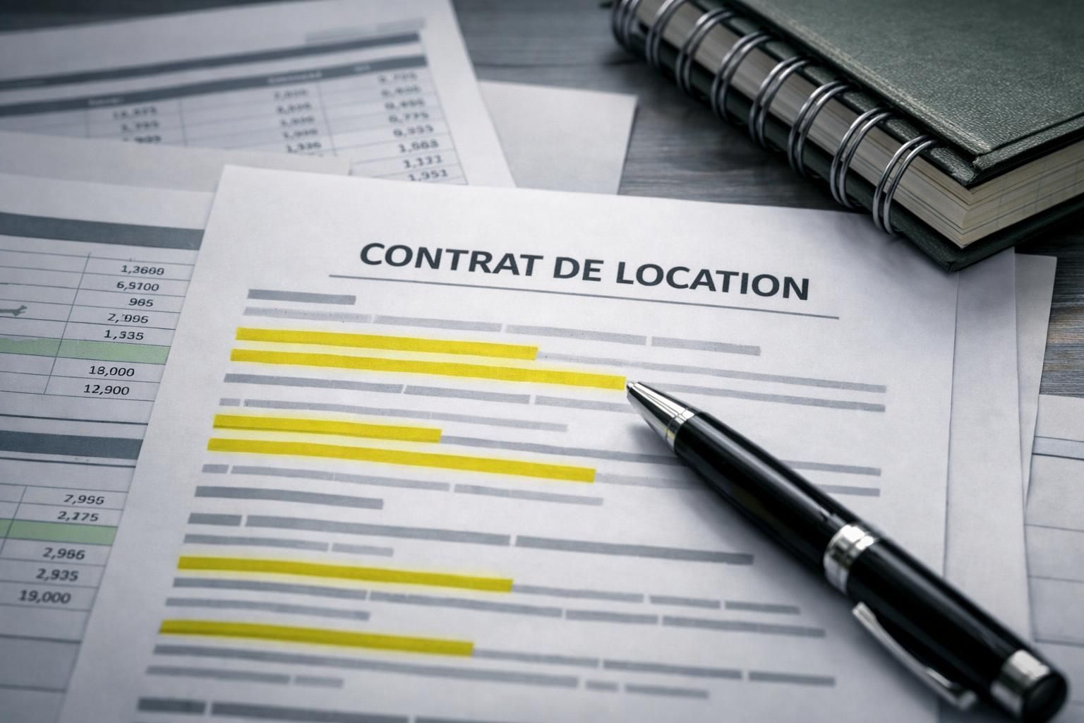 Contrat de bail, relevés de loyers et registre comptable d'une SCI avec des lignes surlignées