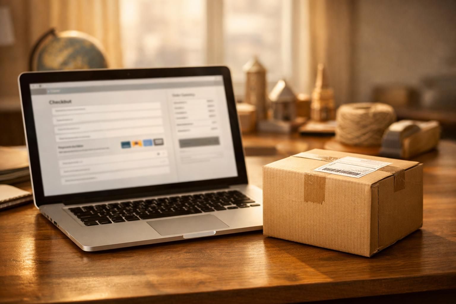 Ordinateur portable affichant une boutique en ligne et un colis, ventes à distance et TVA