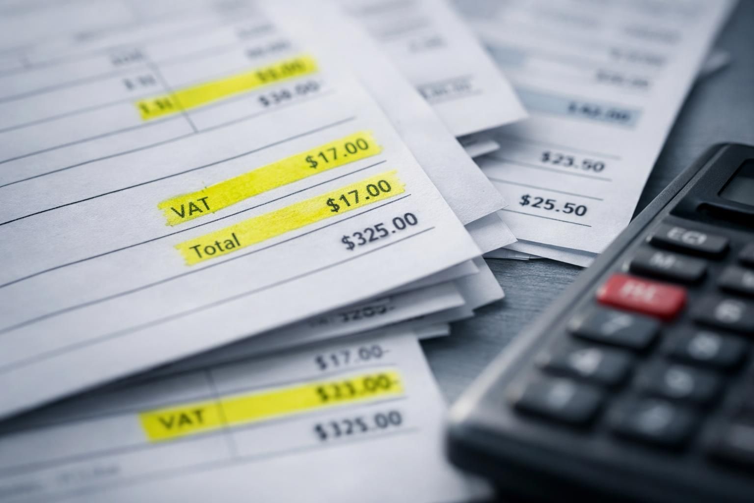 Factures avec des lignes de TVA surlignées et une calculatrice sur un bureau