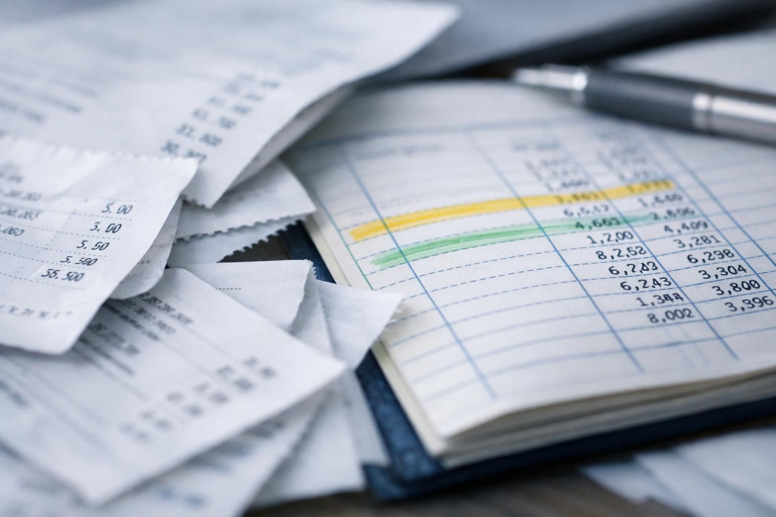 Notes de frais et grand livre comptable avec des lignes surlignées sur un bureau