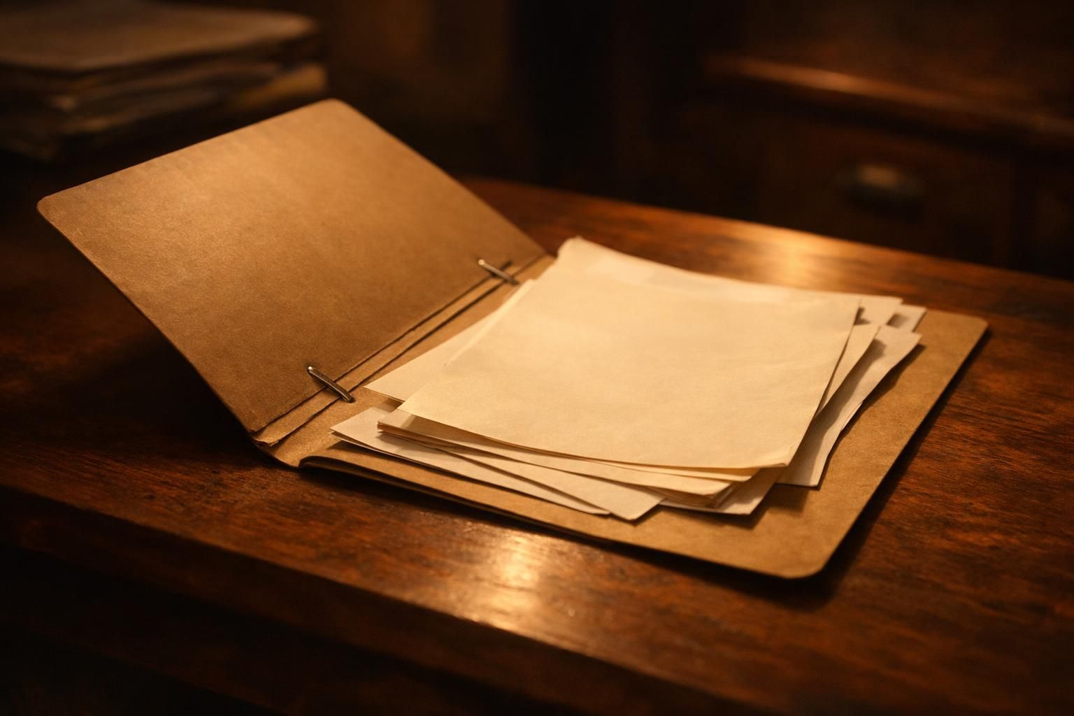 Chemise cartonnée presque vide avec quelques feuilles éparses, sur un bureau