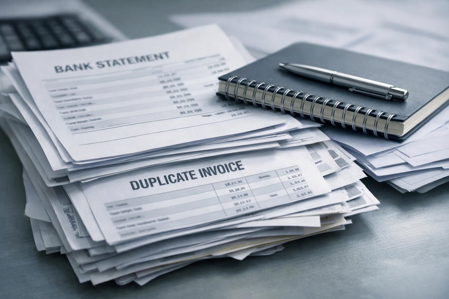 Bureau encombré de documents comptables incomplets et d'un ordinateur portable