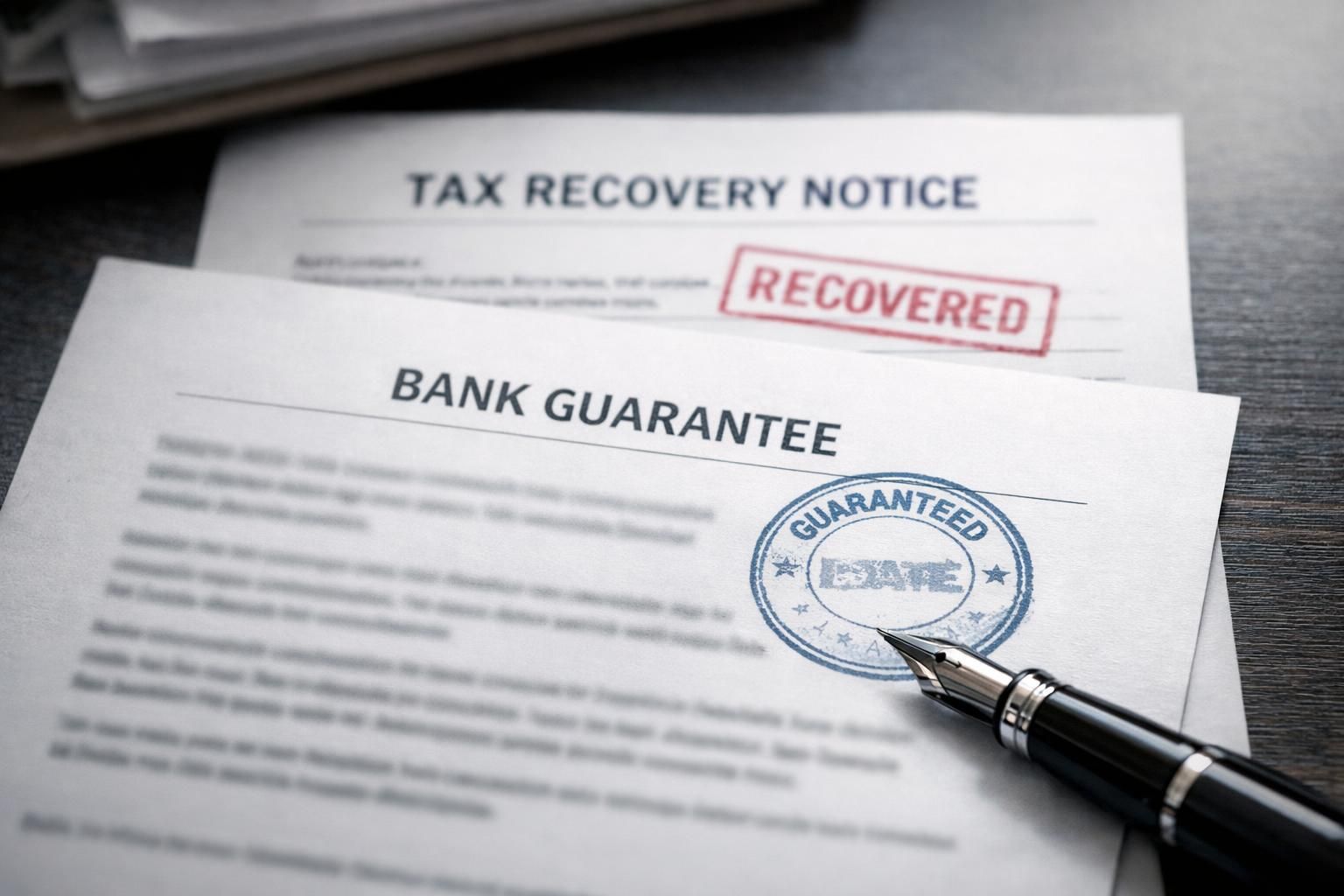 Document de garantie bancaire et avis de recouvrement fiscal tamponnés sur un bureau
