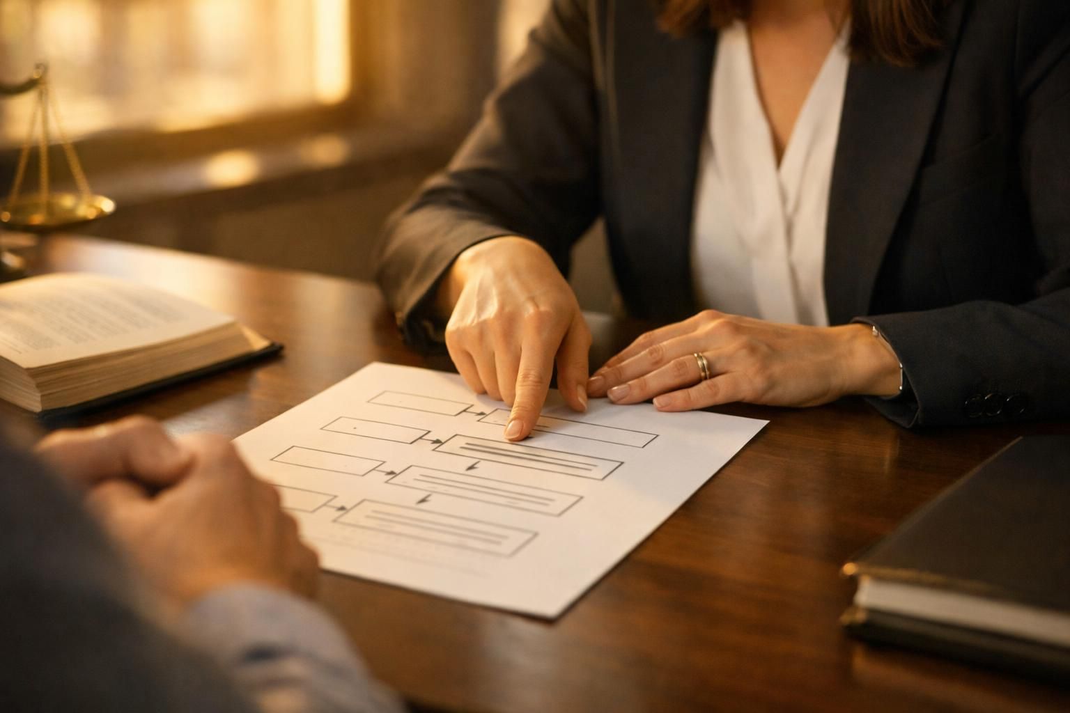 Avocate expliquant les étapes de la procédure d'agrément à un client lors d'un rendez-vous, lumière chaude