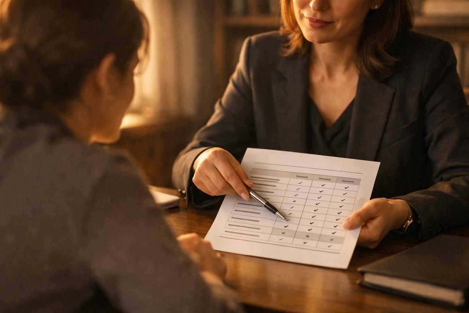 Avocate présentant les variantes d'une clause d'offre alternative à un dirigeant, lumière chaude