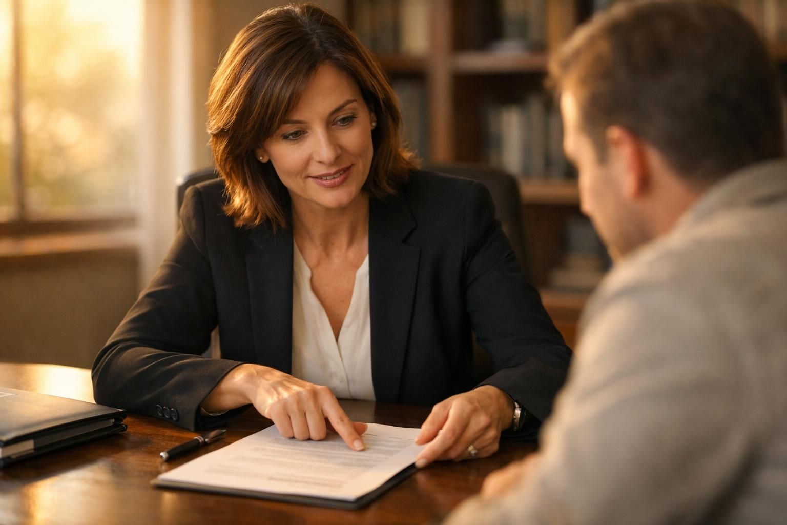 Avocate expliquant la procédure contradictoire d'exclusion à un dirigeant, lumière chaude