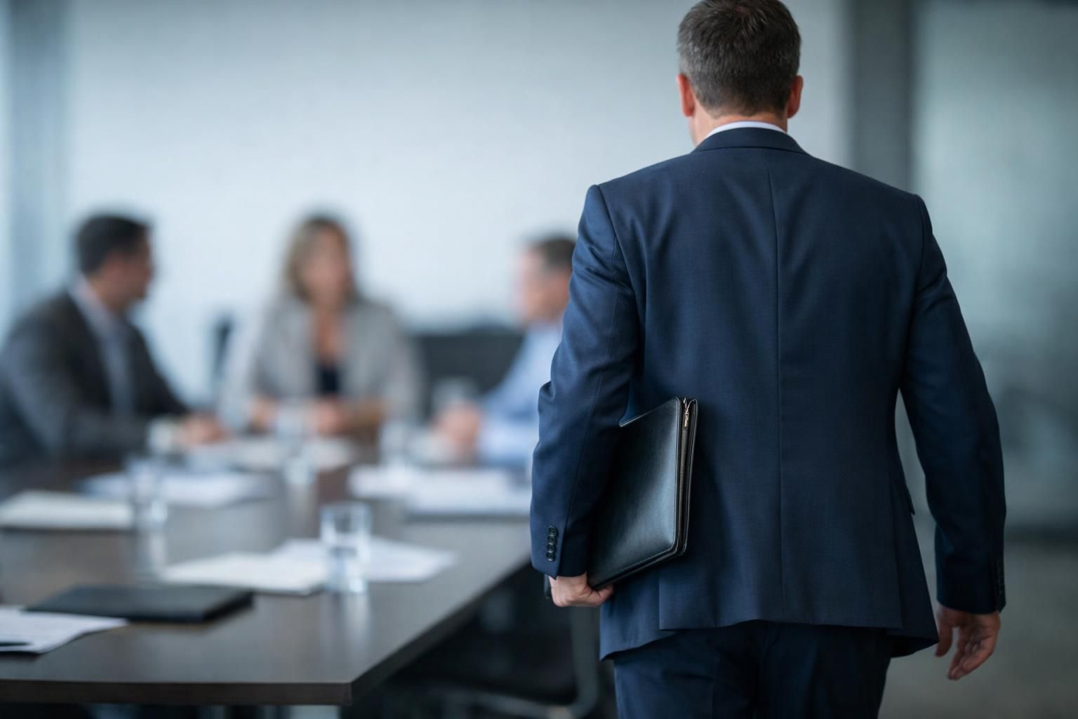 Associé quittant une réunion d'associés tendue, dossier de cession de titres sur la table