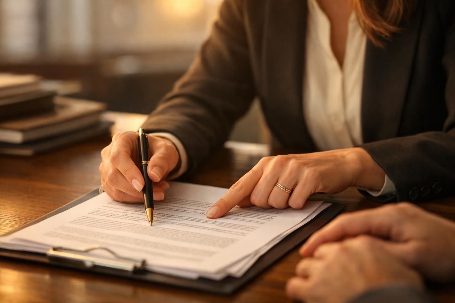 Avocate vérifiant la durée et le motif d'une clause d'inaliénabilité lors d'un rendez-vous, lumière chaude