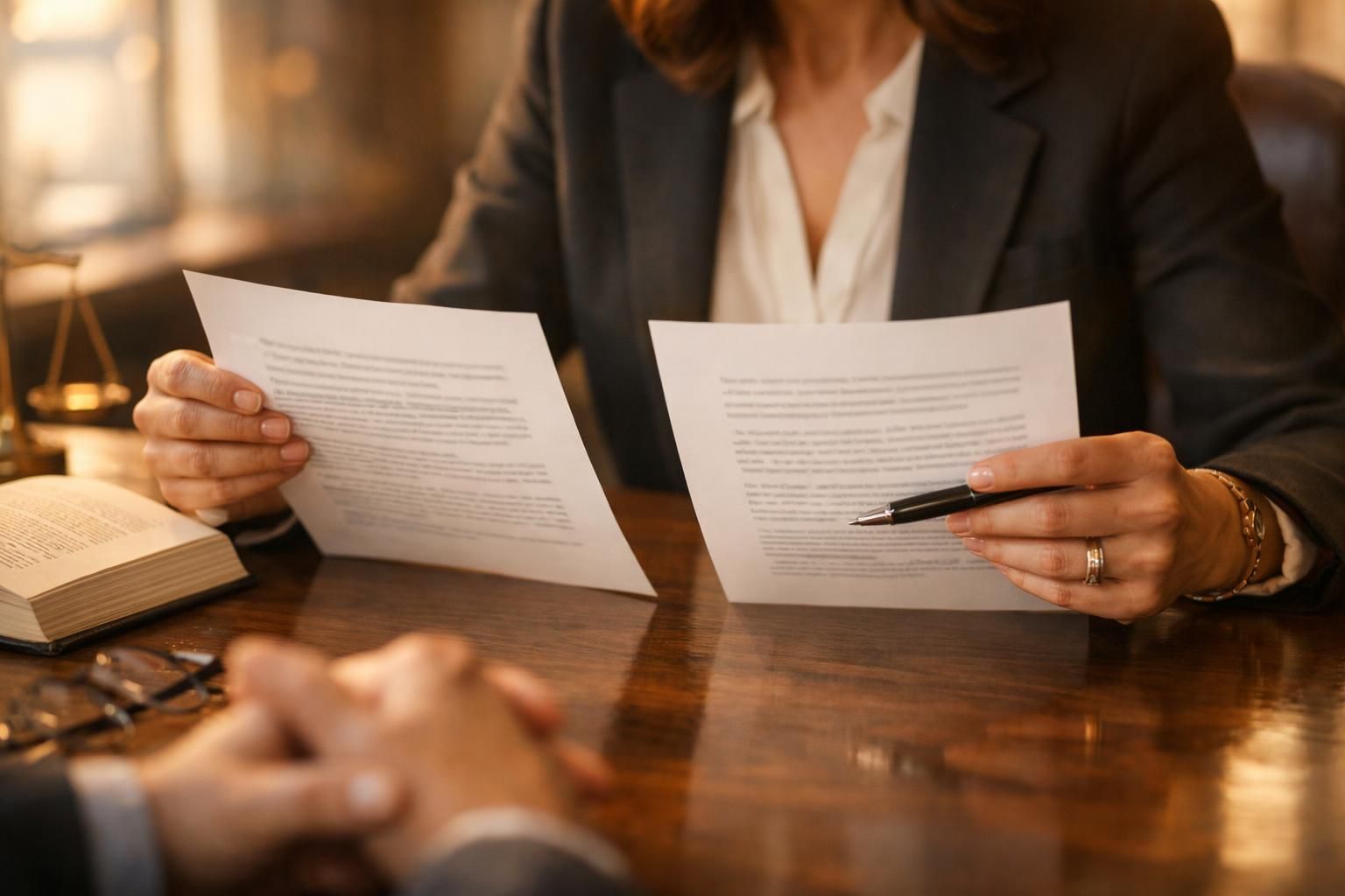 Avocate comparant deux régimes juridiques sur un document lors d'un rendez-vous conseil, lumière chaude
