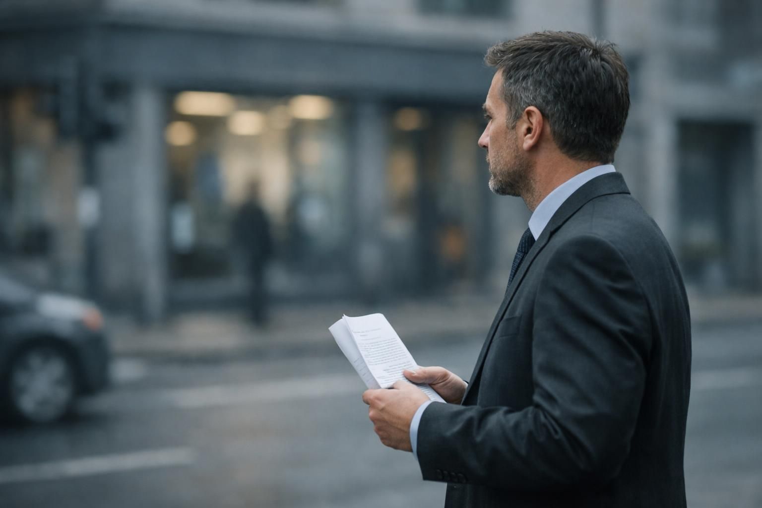 Ancien associé hésitant devant un local commercial concurrent, document de pacte à la main