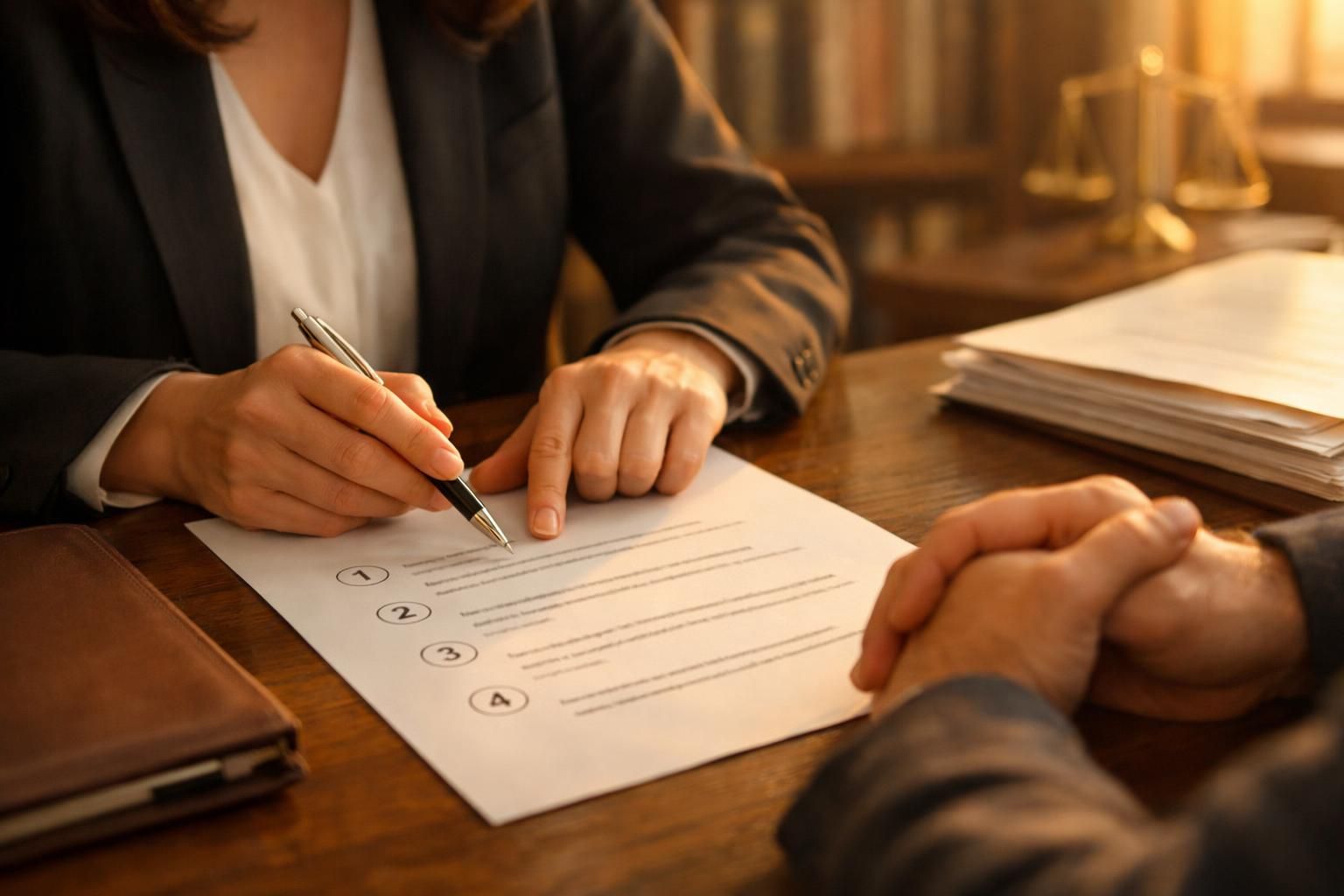Avocate détaillant la procédure de préemption à un dirigeant lors d'un rendez-vous, lumière chaude