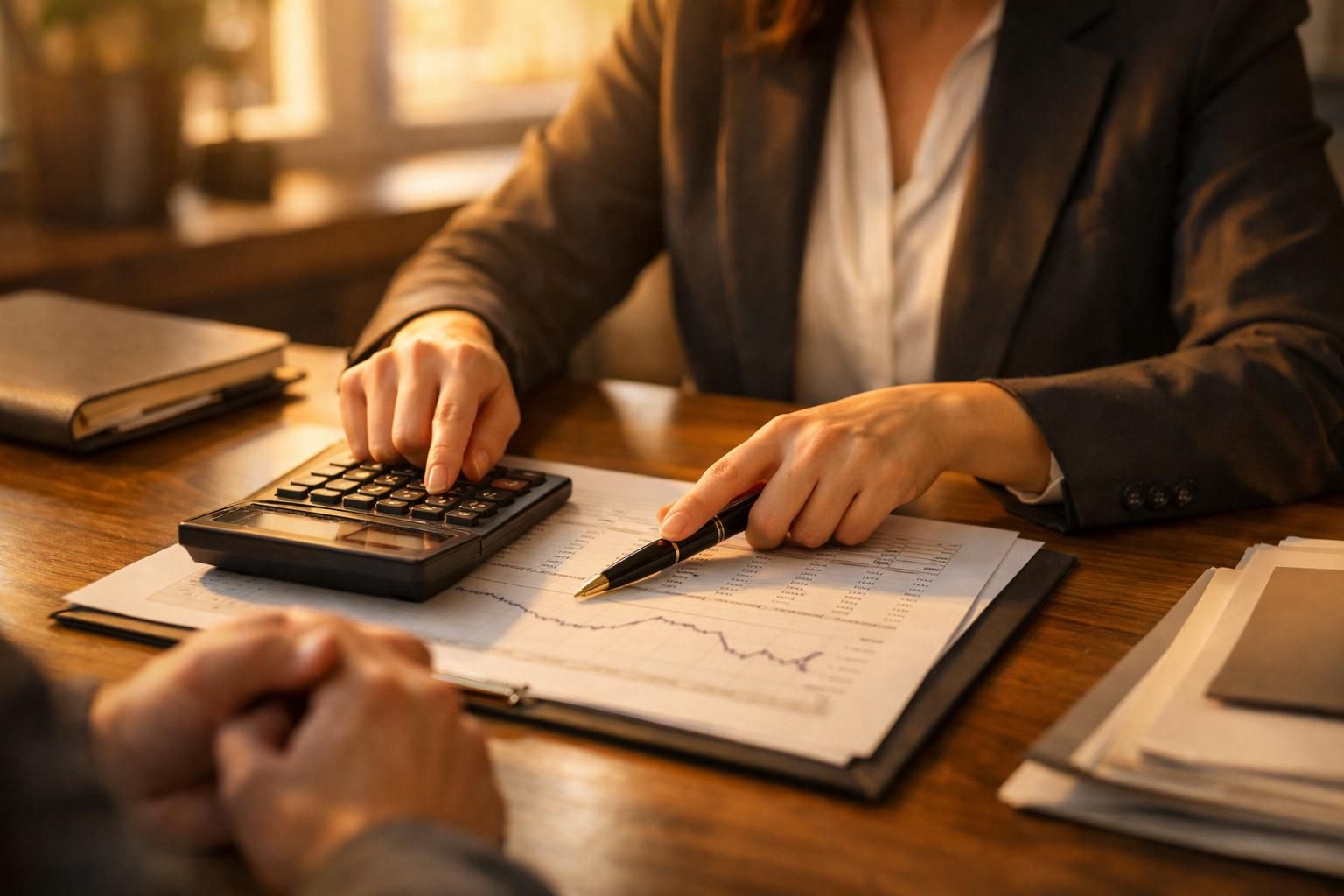 Avocate calculant un prix plancher de cession sur un document lors d'un rendez-vous, lumière chaude