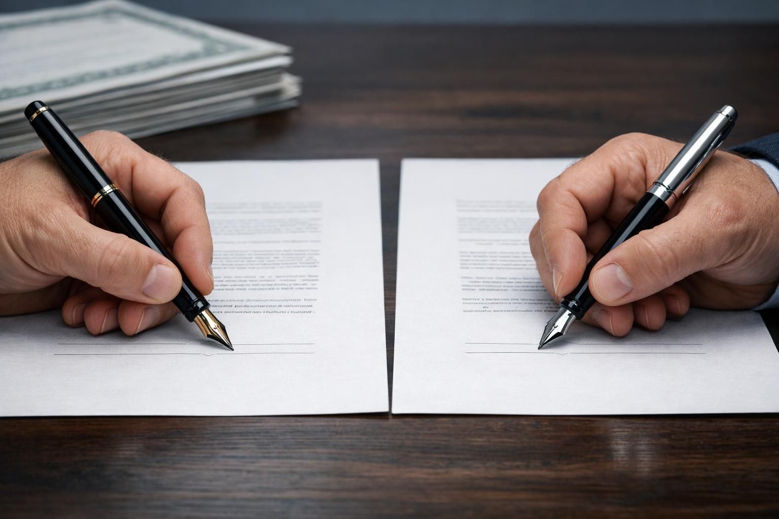 Associés minoritaire et majoritaire signant une cession conjointe de titres sur un bureau