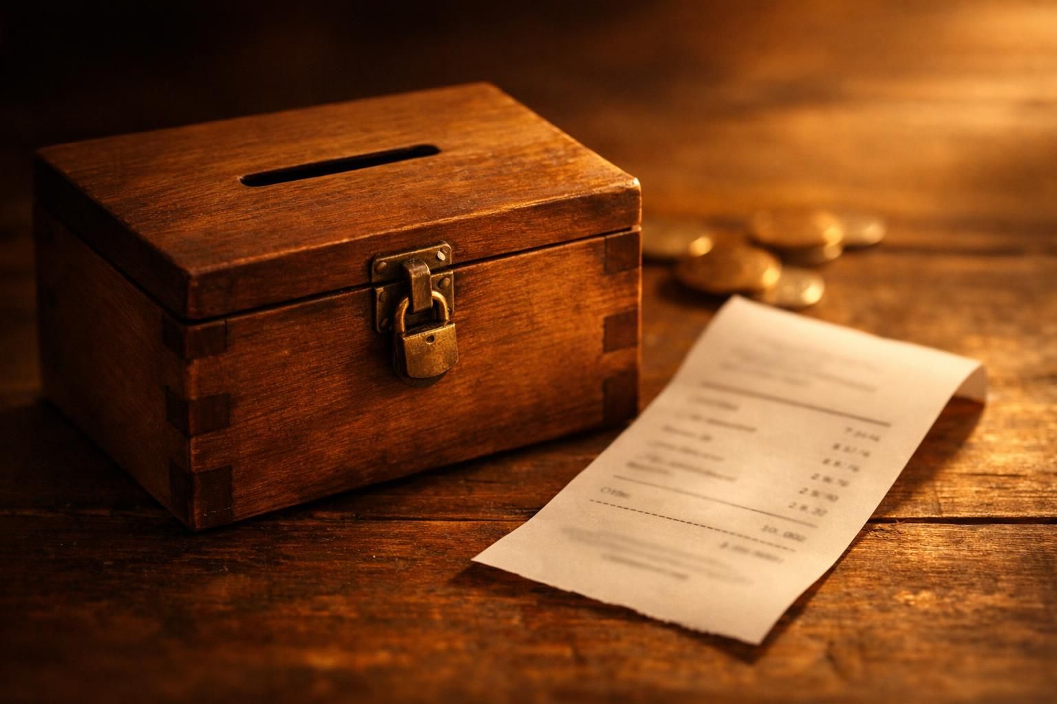 Urne de dons et reçu fiscal posés sur une table, lumière chaude