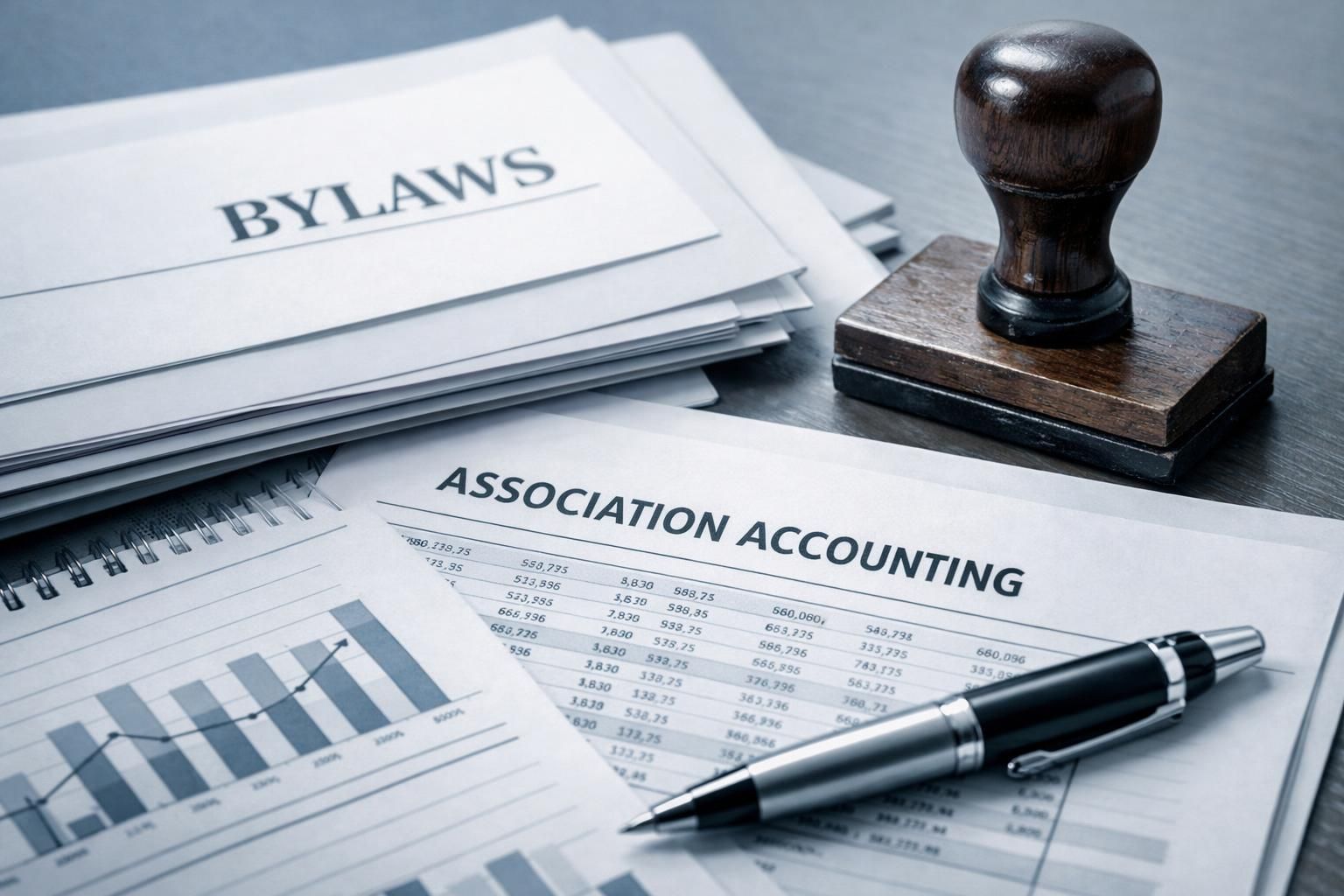 Documents comptables et statuts d'une association loi 1901 sur une table