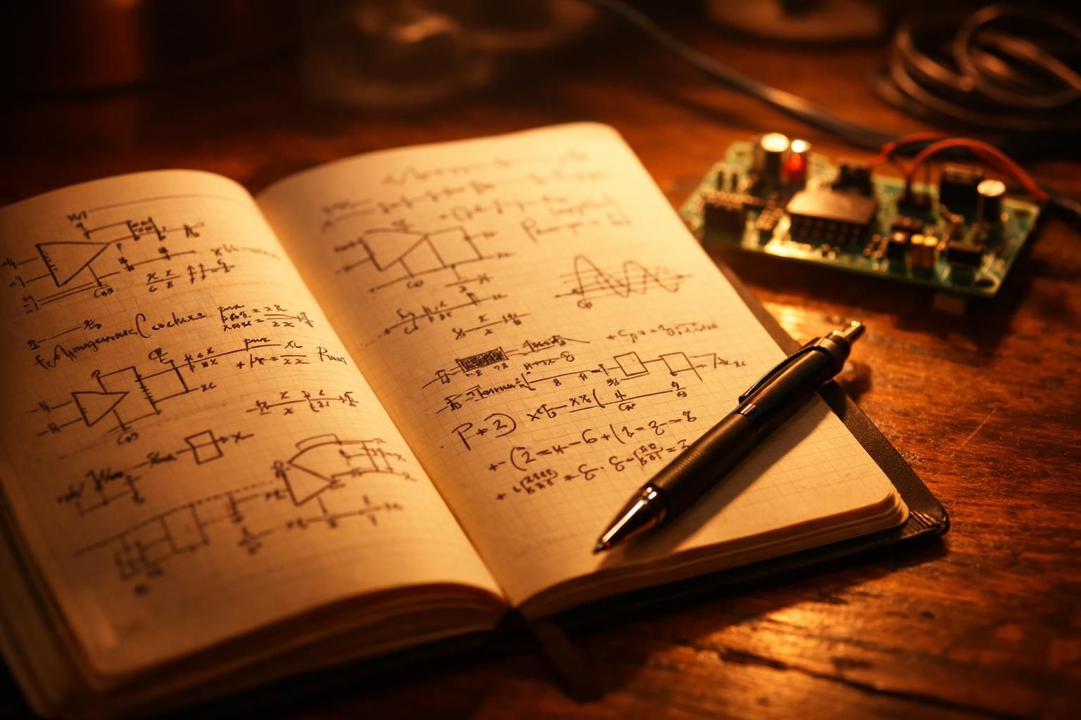 Cahier de recherche rempli d'équations et de schémas à côté d'un prototype, lumière chaude