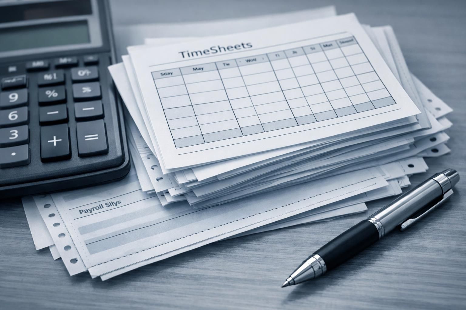 Feuilles de temps, fiches de paie et calculatrice sur le bureau d'une entreprise