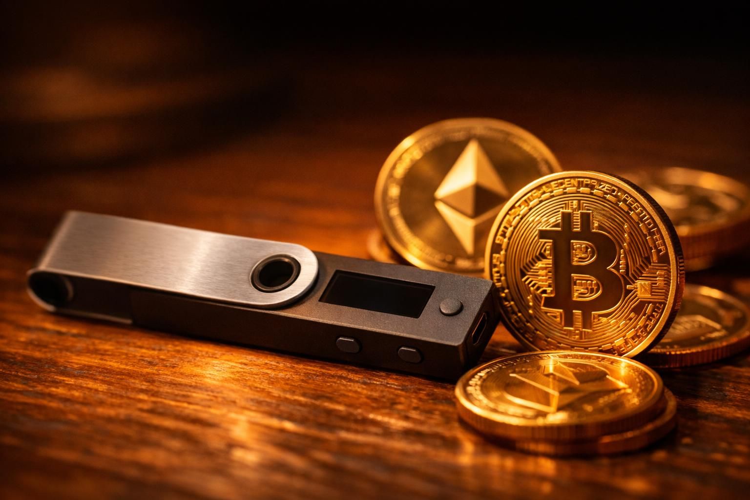 Portefeuille matériel de cryptomonnaies et jetons métalliques posés sur un bureau, lumière chaude