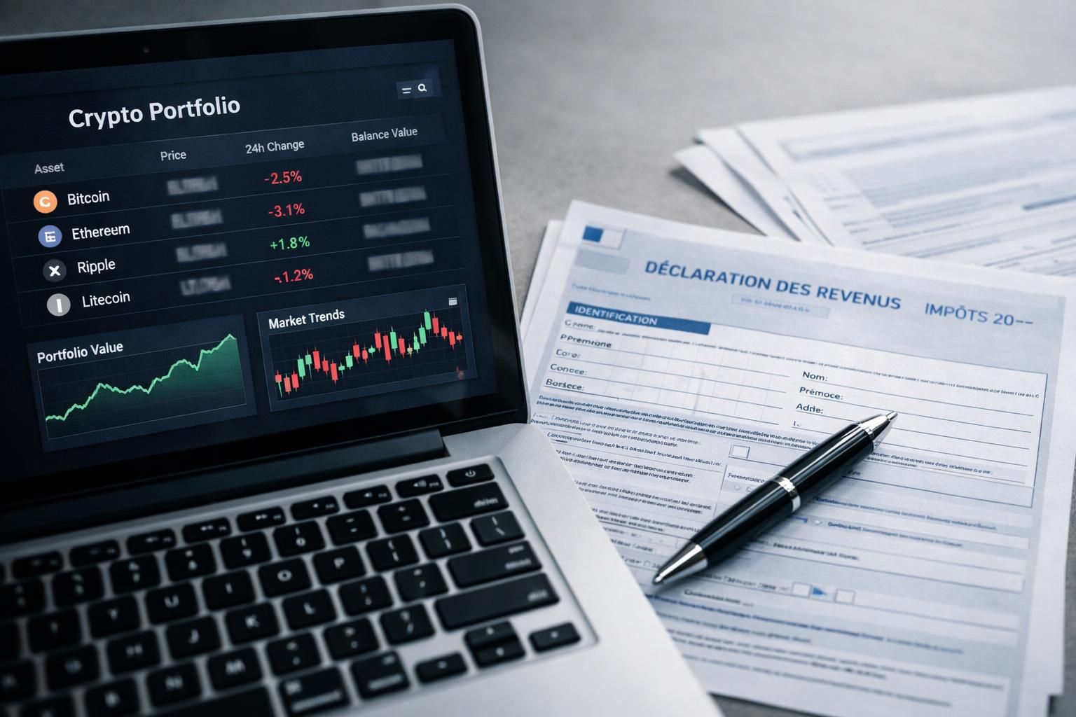 Ordinateur portable affichant un portefeuille de cryptomonnaies à côté d'un formulaire fiscal