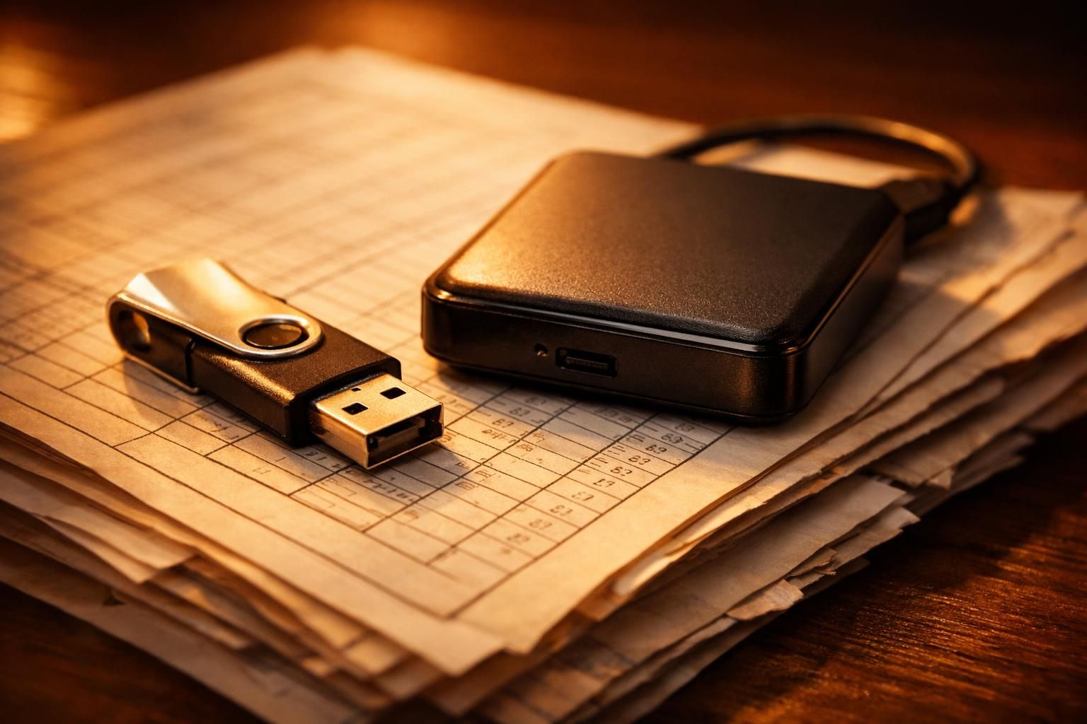 Clé USB et disque dur externe posés sur des registres comptables, lumière chaude