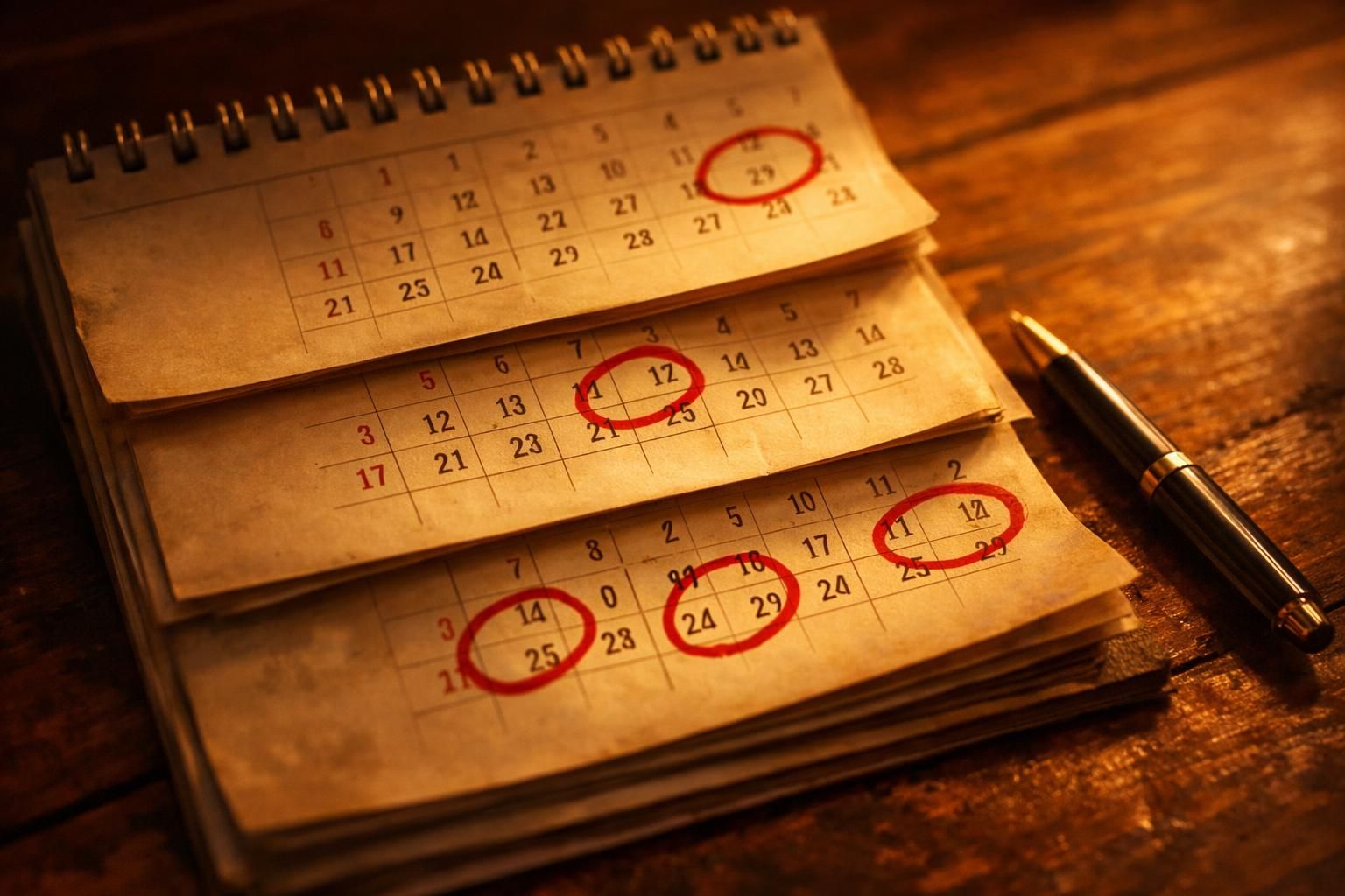 Calendrier de bureau avec plusieurs années et des dates entourées en rouge
