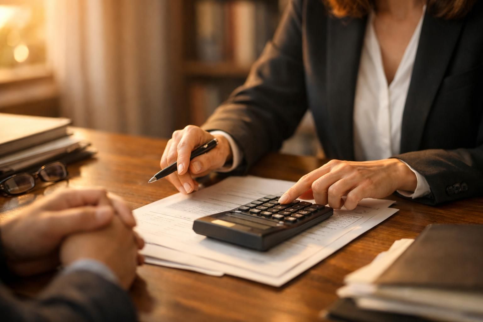 Avocate calculant une décote de rachat de titres sur un document financier, lumière chaude