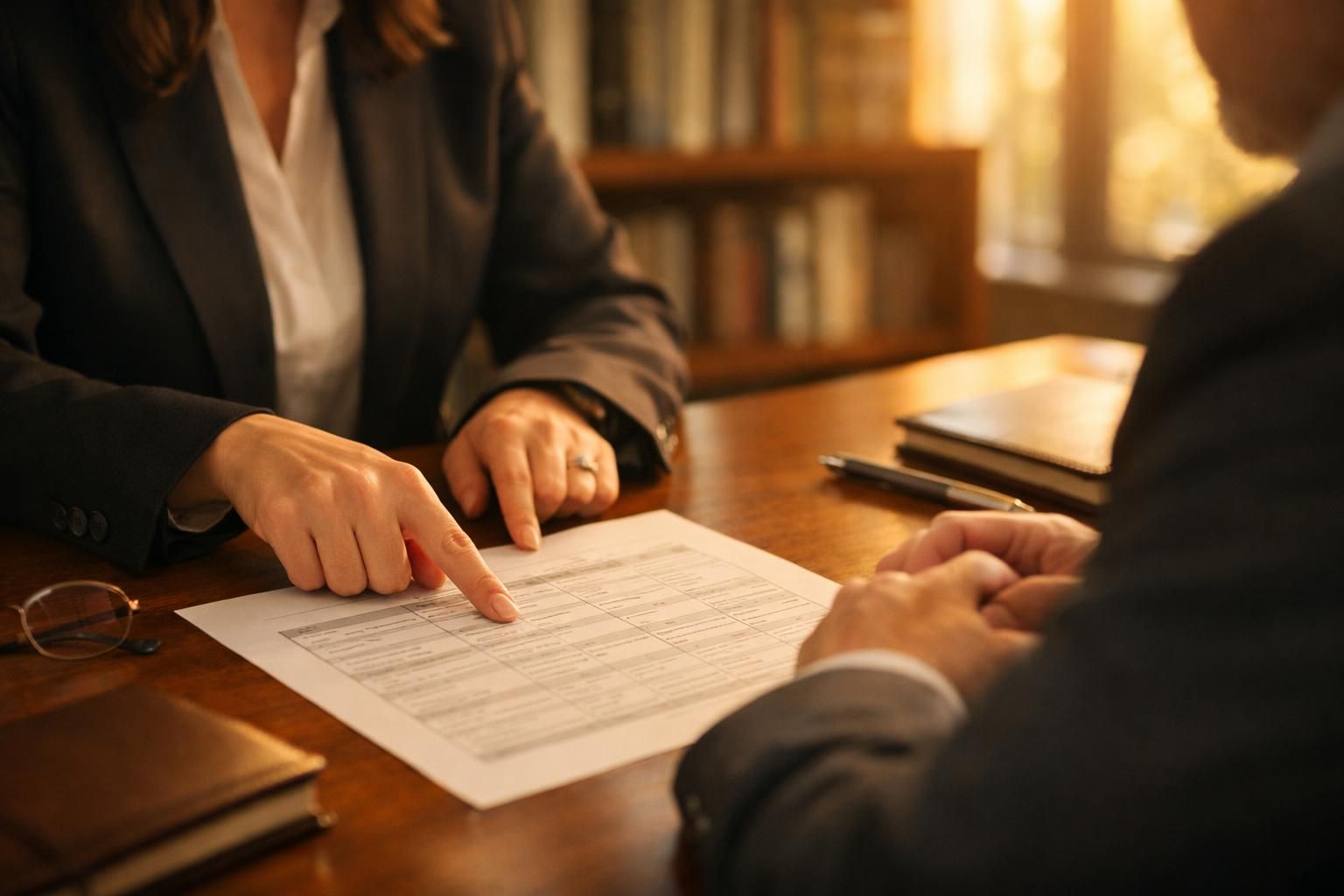 Mains d'une avocate présentant un tableau de clauses à un dirigeant lors d'un conseil, lumière chaude